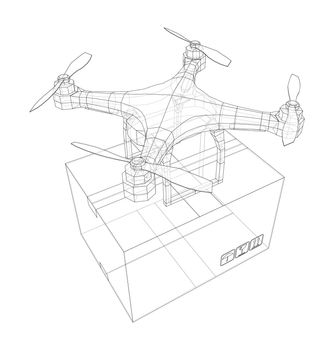 Delivery drone concept outline. 3d illustration. Wire-frame style
