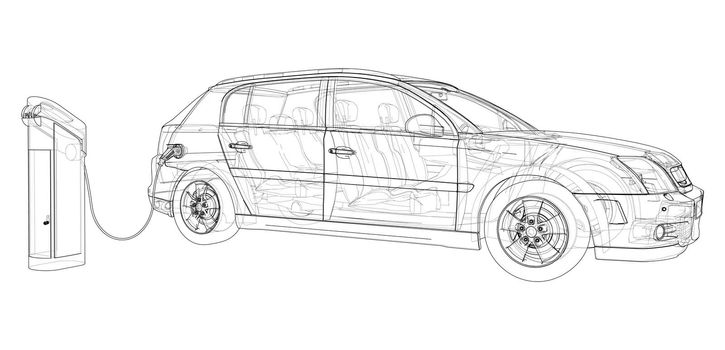 Electric Vehicle Charging Station Sketch. 3d illustration