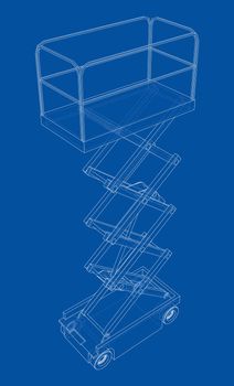 Scissor lift concept outline. 3d illustration. Wire-frame style