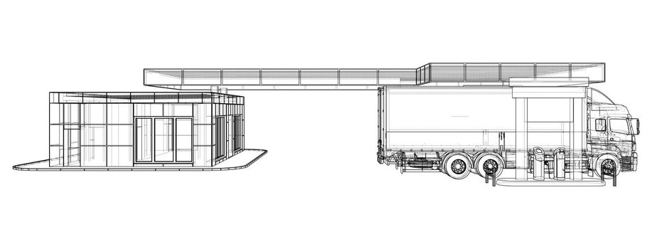 Electric Car Charging Station with Cars and Truck. 3d illustration