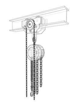 A Hoist on the beam. 3d illustration. Wire-frame style