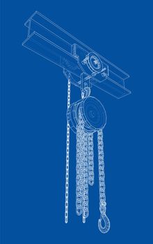 A Hoist on the beam. 3d illustration. Wire-frame style