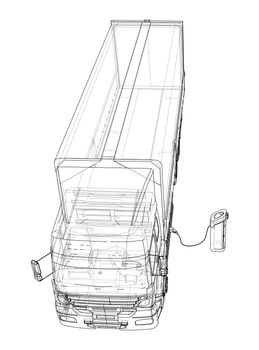 Electric truck is charging from the charging station. 3d illustration