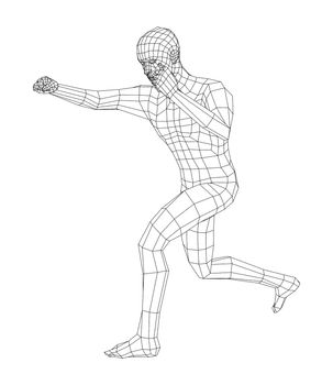 Wireframe boxing man. 3d illustration. Man in boxing pose