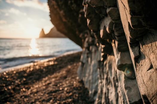 Aerial panoramic view of beautiful sunset above sea. Beautiful seascape. Sun glare, small waves on the water surface. Evening. Horizon. Nobody. No people. Copy space. Never-ending beauty of nature