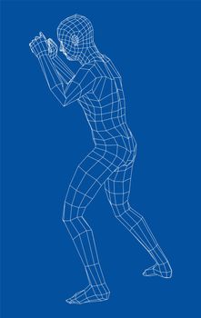 Wireframe boxing man. 3d illustration. Man in boxing pose