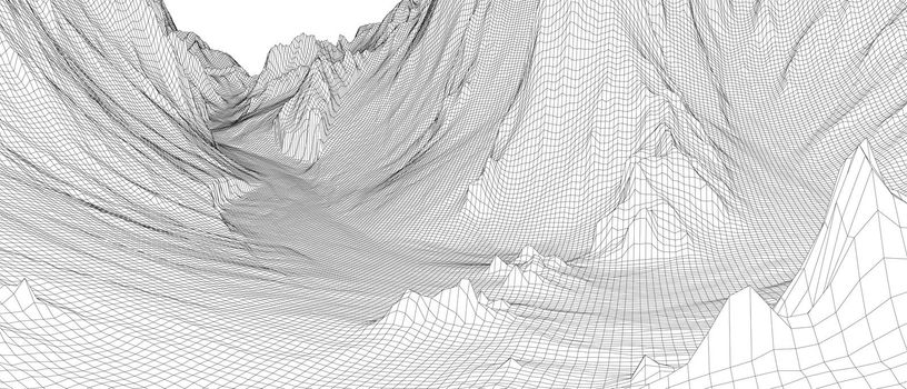 Abstract 3d wire-frame landscape. Blueprint style. 3d illustration. Geology Terrain