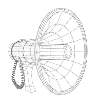 Megaphone concept outline. 3d illustration. Wire-frame style