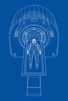 Female Patient Lying on a CT or MRI Scan. Wire-frame style. 3d illustration