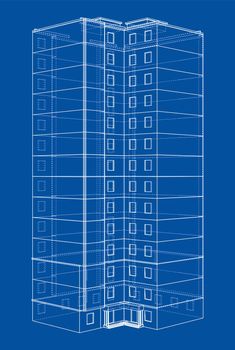 Multi-storey residential building. Construction concept. Drawing or blueprint style. 3d illustration