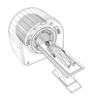 Female Patient Lying on a CT or MRI Scan. Wire-frame style. 3d illustration