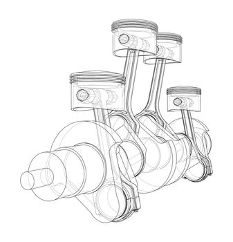 Engine crankshaft with pistons outline. 3d illustration. Wire-frame style