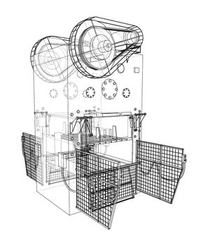 Powerful Press. 3d illustration. Wire-frame or blueprint style