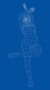 Wireframe ballerina or dancer in dance pose. 3d illustration