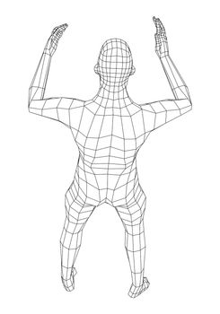 Wireframe jumping man. 3d illustration. Man in jumping pose