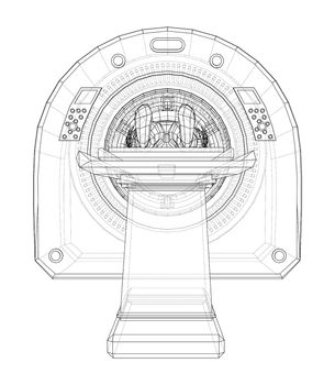 Female Patient Lying on a CT or MRI Scan. Wire-frame style. 3d illustration