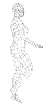 Wireframe walking woman. 3d illustration. Female in walking pose