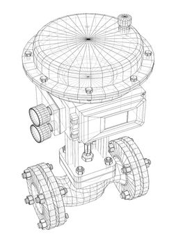 Valve with automatic electro-actuated. 3d illustration. Wire-frame style