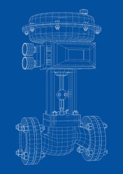 Valve with automatic electro-actuated. 3d illustration. Wire-frame style