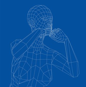 Wireframe girl rested her chin in her hands. 3d illustration