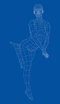 Wireframe girl posing in a sexy pose. Stands on tiptoe, lifted one leg. 3d illustration