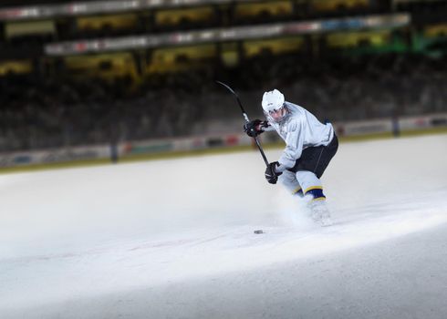 ice hockey player in action kicking with stick