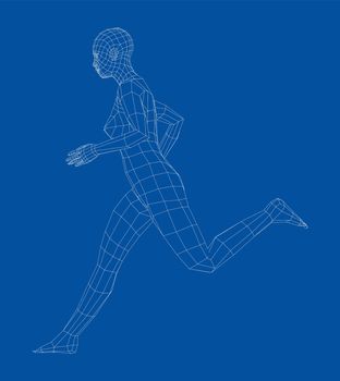 Wireframe running woman. 3d illustration. Woman in running pose