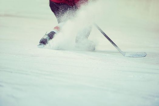 ice hockey player in action kicking with stick