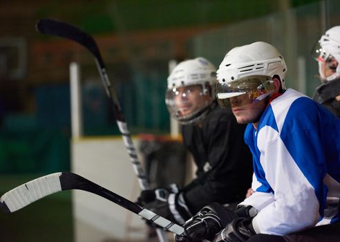 ice hockey players,  group of people,  team friends waiting and relaxing on bench to start  game