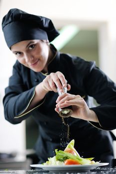 beautiful young chef woman prepare and decorating tasty food in kitchen