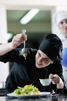 beautiful young chef woman prepare and decorating tasty food in kitchen