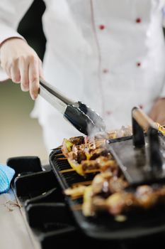 beautiful young chef woman prepare and decorating tasty food in kitchen