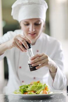 beautiful young chef woman prepare and decorating tasty food in kitchen