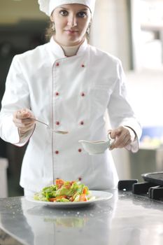 beautiful young chef woman prepare and decorating tasty food in kitchen