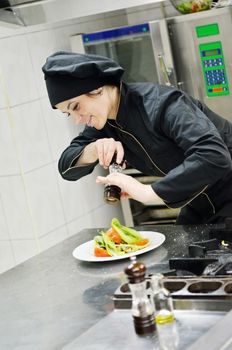 beautiful young chef woman prepare and decorating tasty food in kitchen