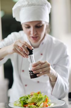 beautiful young chef woman prepare and decorating tasty food in kitchen