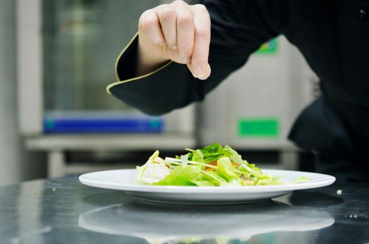 beautiful young chef woman prepare and decorating tasty food in kitchen