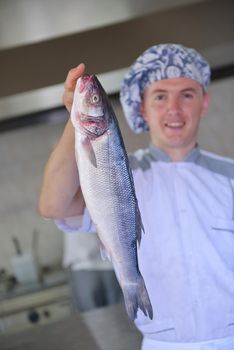 Handsome chef dressed in white uniform decorating pasta salad and seafood fish in modern kitchen