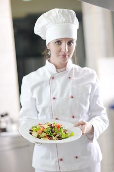 beautiful young chef woman prepare and decorating tasty food in kitchen