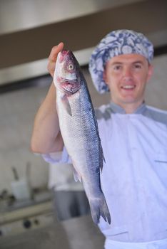 Handsome chef dressed in white uniform decorating pasta salad and seafood fish in modern kitchen