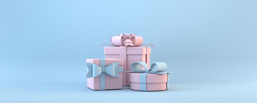 Three pink gifts 3D rendering illustration isolated on blue background