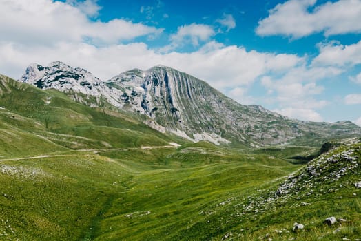 Mountain valley during sunrise. Natural summer landscape. Mountain peak green nature scenery. trail on green hill landscape