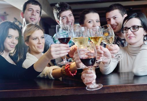 Group of happy young people drink wine  at party disco restaurant