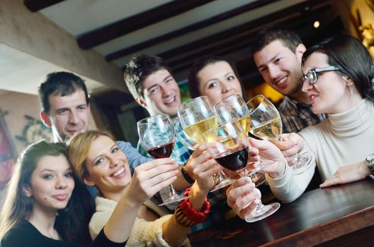 Group of happy young people drink wine  at party disco restaurant