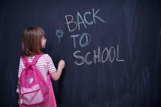 Happy school girl child with backpack writing  back to school on black chalkboard