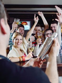 Group of happy young people drink wine  at party disco restaurant