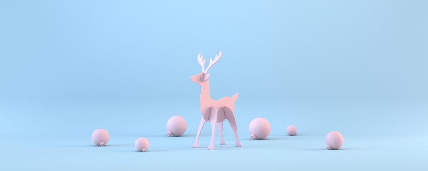 Pink Christmas balls wooden reindeer and 3D rendering illustration isolated on blue background