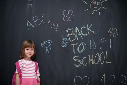 Happy school girl child with backpack writing  back to school on black chalkboard