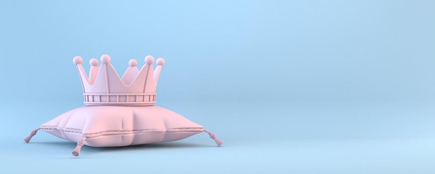 Pink crown on pillow 3D rendering illustration isolated on blue background