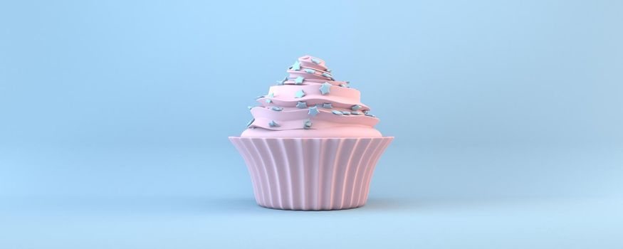 Pink cupcake 3D rendering illustration isolated on blue background